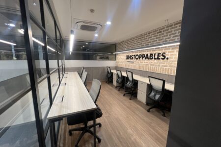 Private cabins and shared desks at Spacetime Delhi